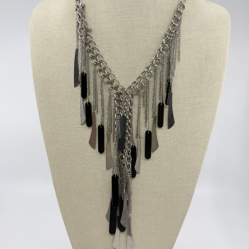 Silver Tone Black Bar Fringe Multi Strand Chain Necklace Gothic Statement Gift